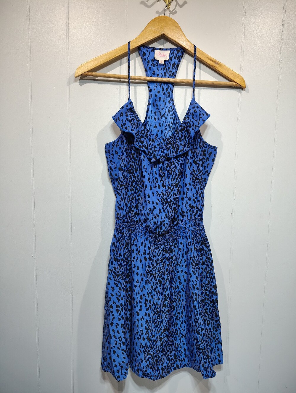 Parker Silk Blue Leopard Print Mini Dress Size Medium